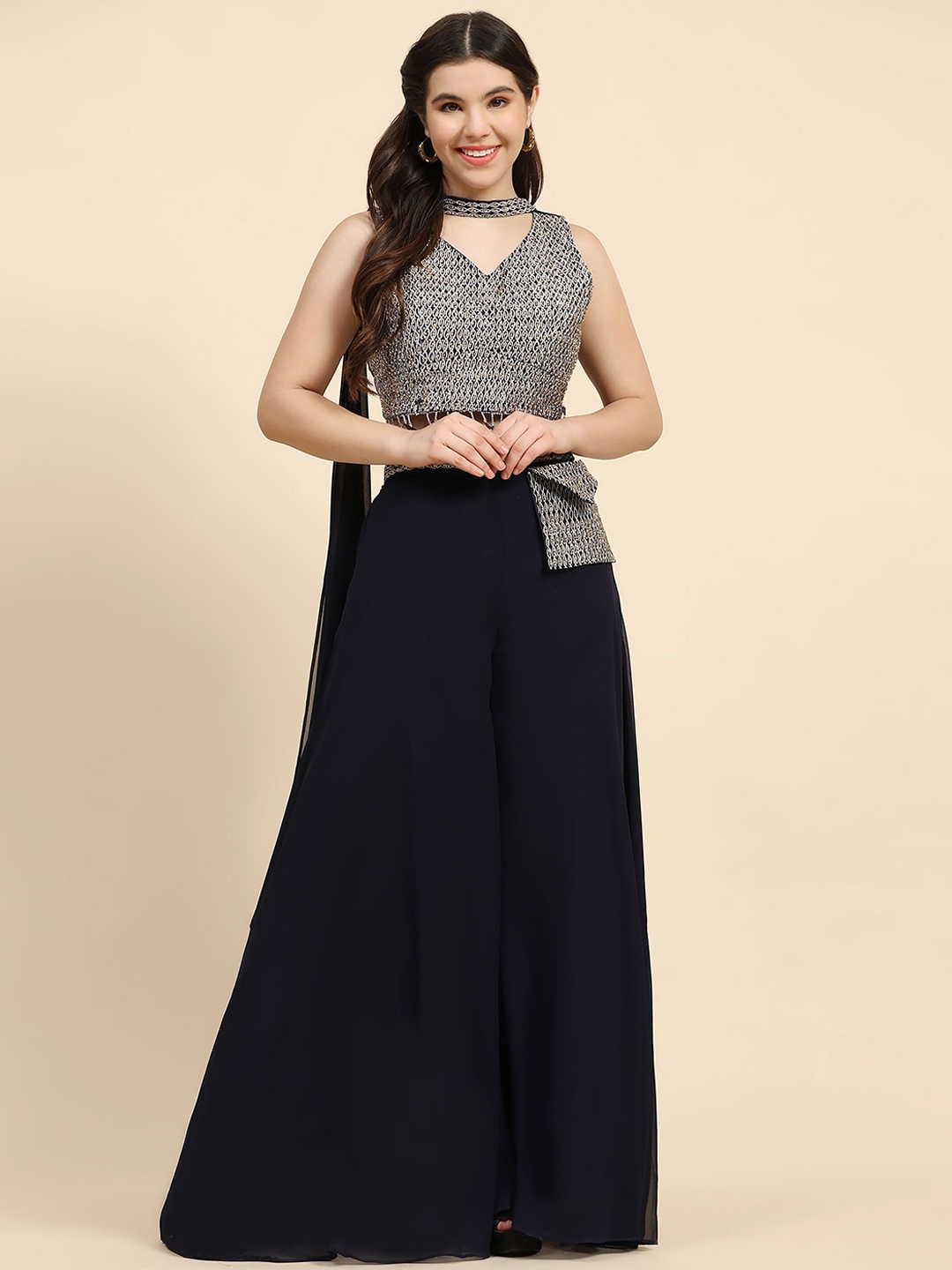 

AMOHA TRENDZ Embroidered Georgette Top & Palazzos with Dupatta Co-Ords, Blue