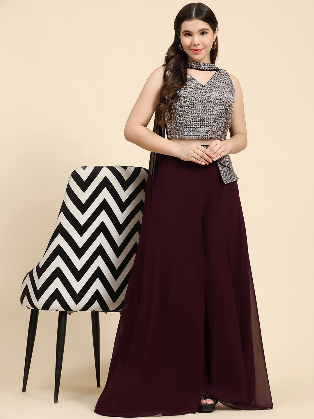 

AMOHA TRENDZ Embroidered Top & Palazzo with Dupatta Co-Ord Set, Purple