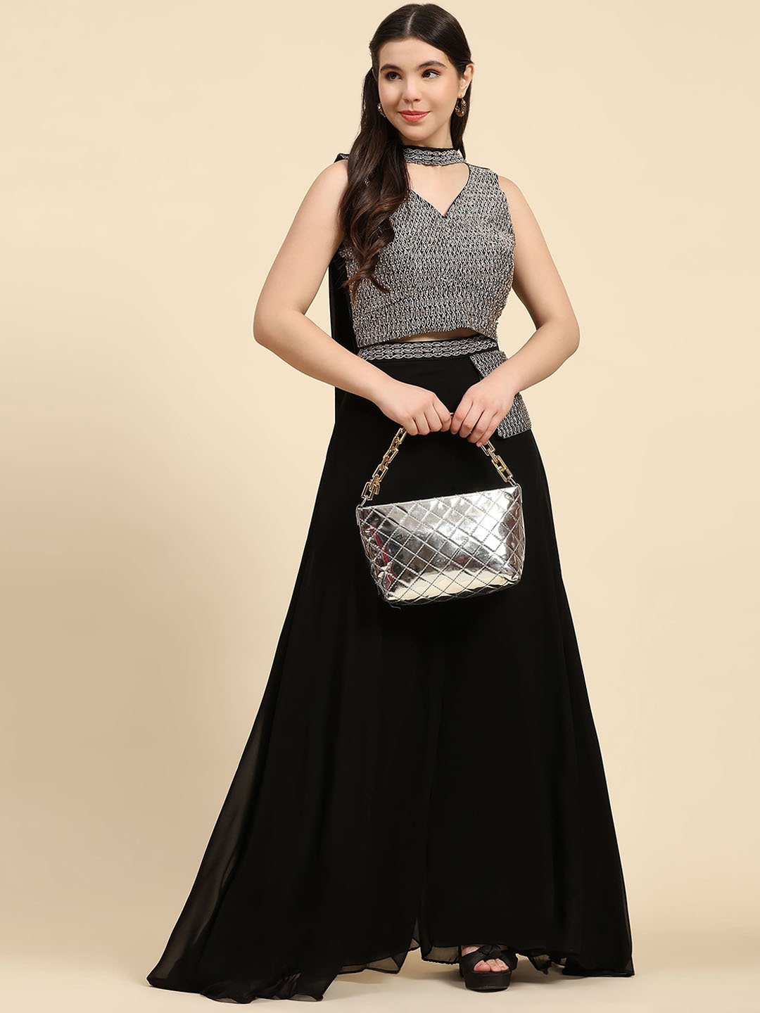 

AMOHA TRENDZ Embellished Crop Top & Palazzos With Dupatta Co-Ords, Black