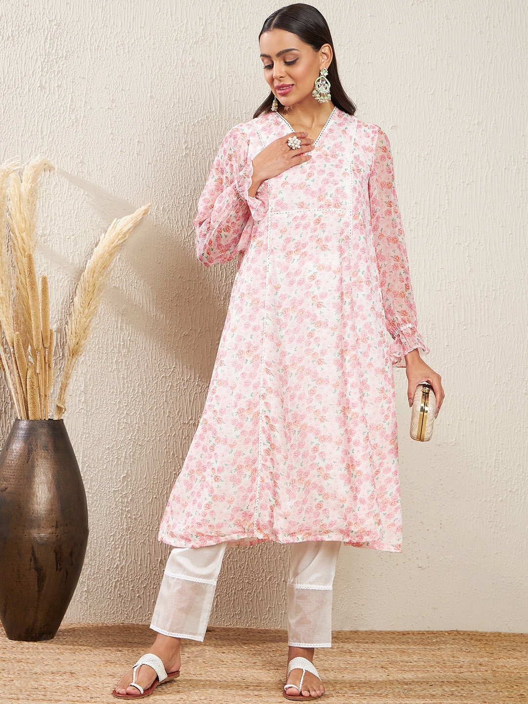 ADORNIA Women Floral Printed Panelled Kurta with Trousers, Pink