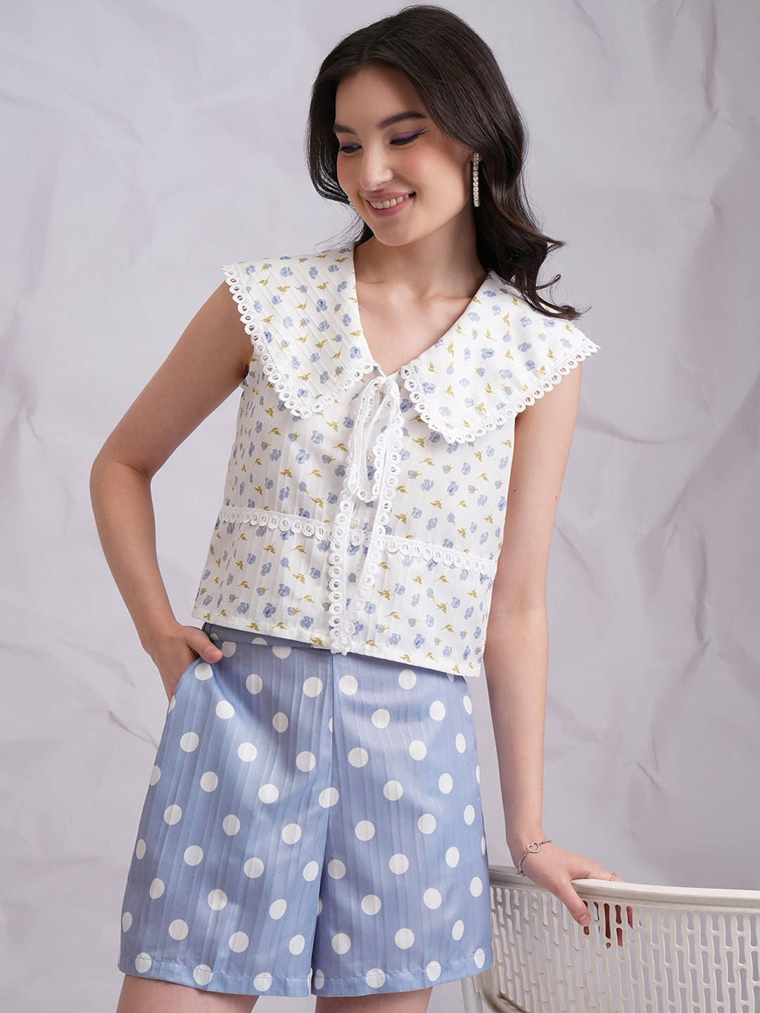

Tokyo Talkies Lace Trimmed Crop Shirt & Shorts Co-Ord, Blue