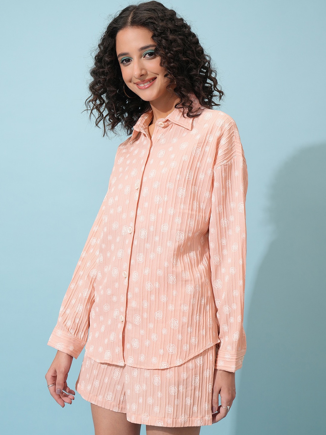 

Tokyo Talkies Floral Printed Shirt & Shorts Co-Ords Set, Peach