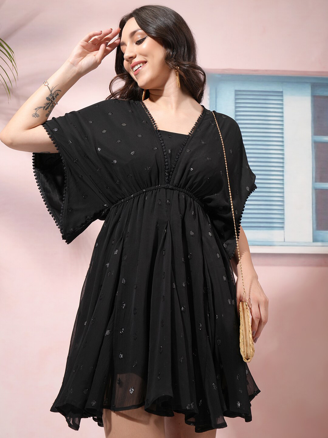 

Tokyo Talkies Black Self Design Extended Sleeves Gathered Fit & Flare Mini Dress