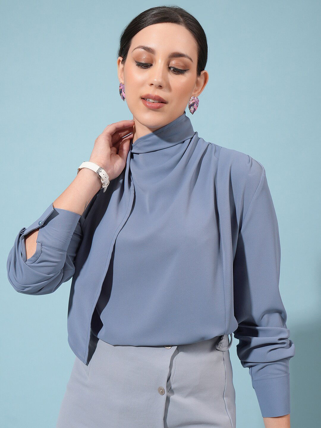 

CHIC BY TOKYO TALKIES High Neck Cuffed Sleeves Top, Blue