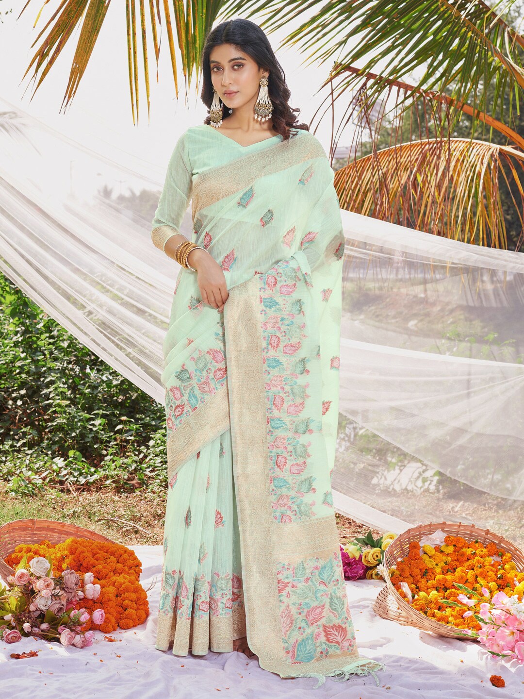 SANGAM PRINTS Floral Printed Zari Pure Cotton Saree, Sea green