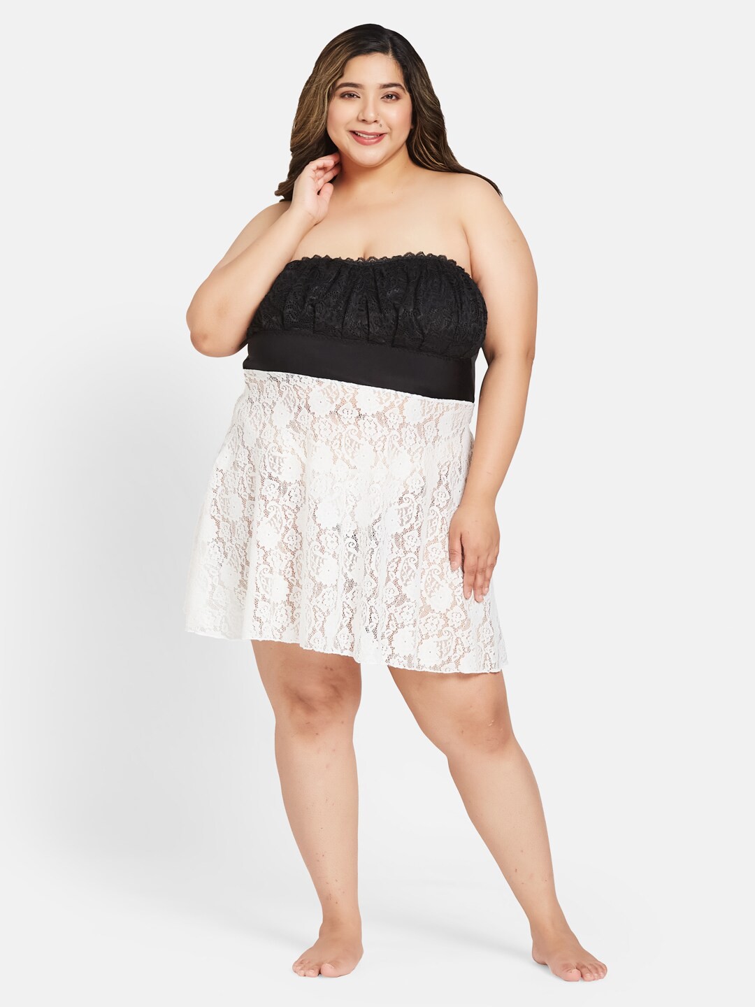 

Curves By ZeroKaata Plus Size Self Design Strapless Baby Doll with Thong Briefs, White