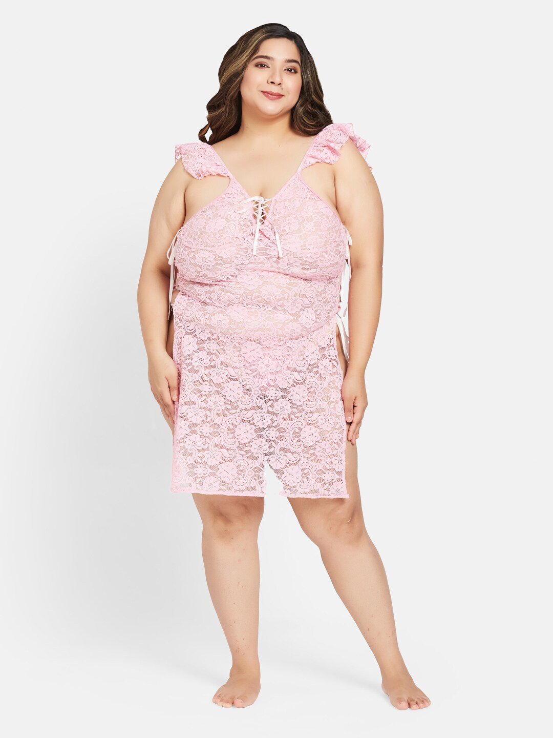 

Curves By ZeroKaata Plus Size Sheer Net Baby Doll with Thong Briefs, Pink