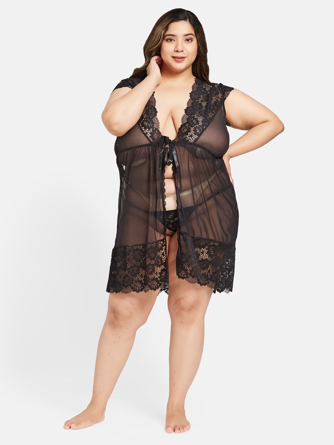 

Curves By ZeroKaata Plus Size Self Design Sheer Robe Style Baby Doll with Thong Briefs, Black