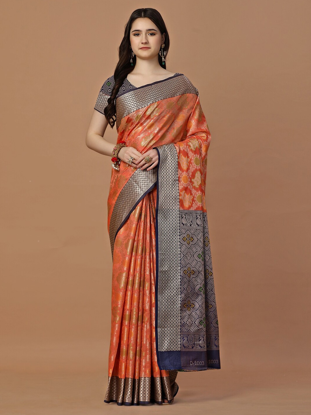 

JUST FASHION Ethnic Motifs Woven Design Zari Art Silk Banarasi Saree, Peach