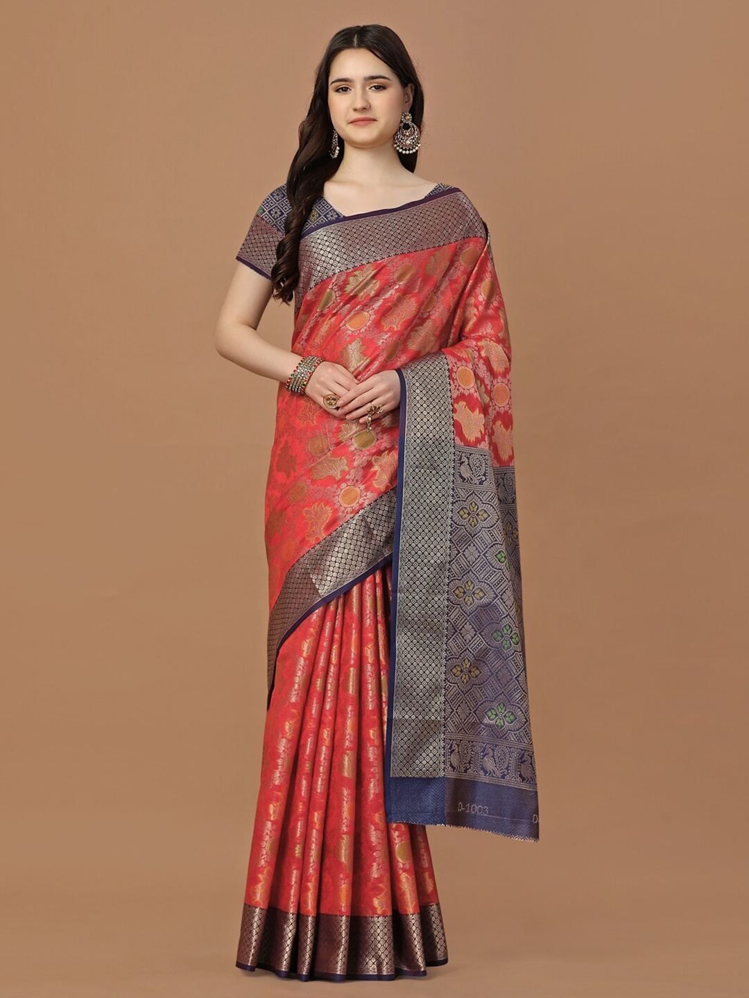 

JUST FASHION Ethnic Motifs Woven Design Zari Art Silk Banarasi Saree, Orange