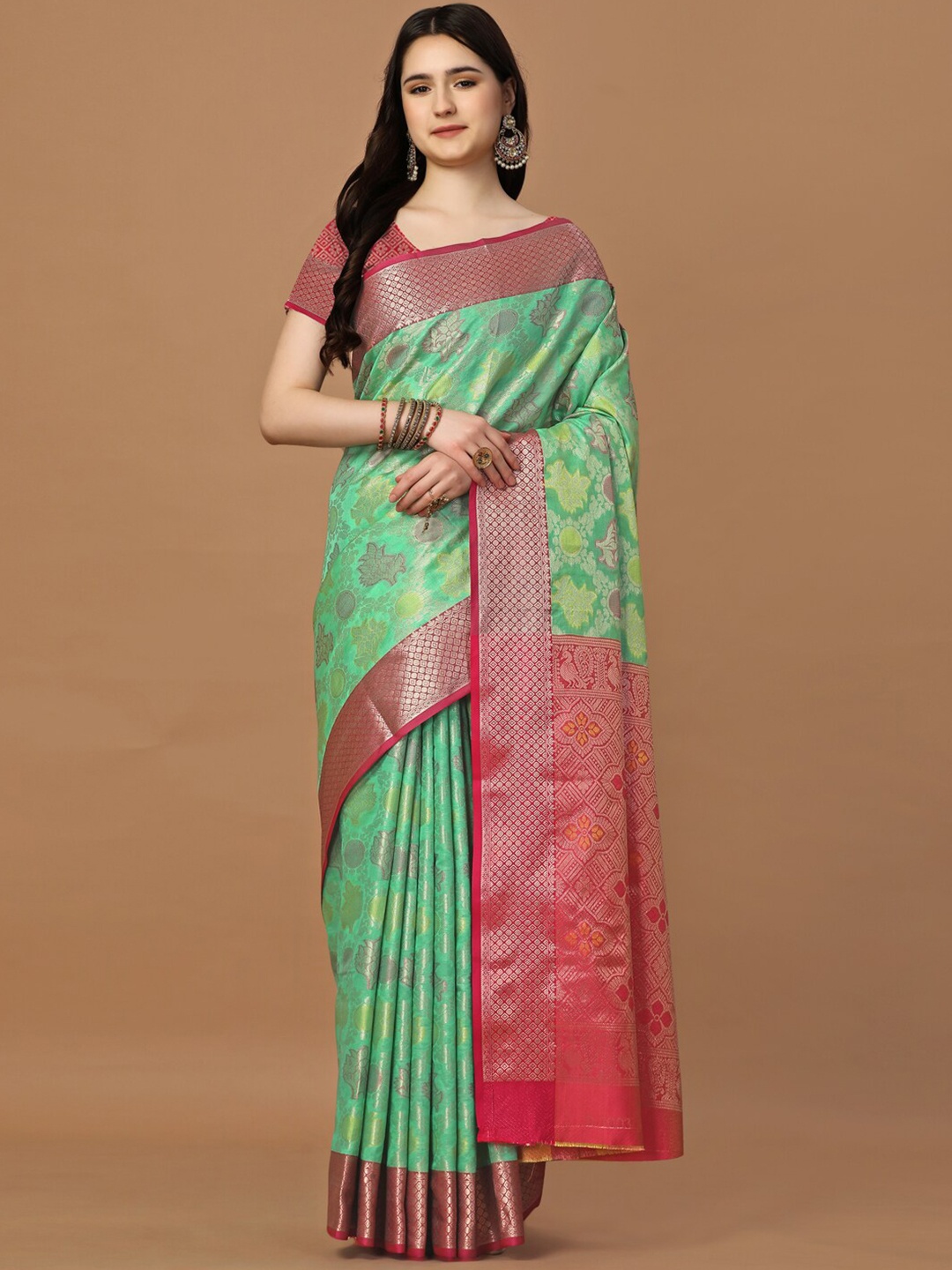 JUST FASHION Ethnic Motifs Woven Design Zari Art Silk Banarasi Saree, Green