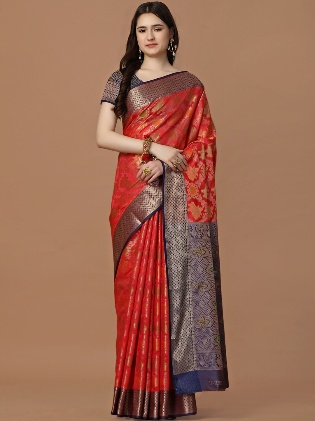 

JUST FASHION Ethnic Motifs Woven Design Zari Art Silk Banarasi Saree, Red