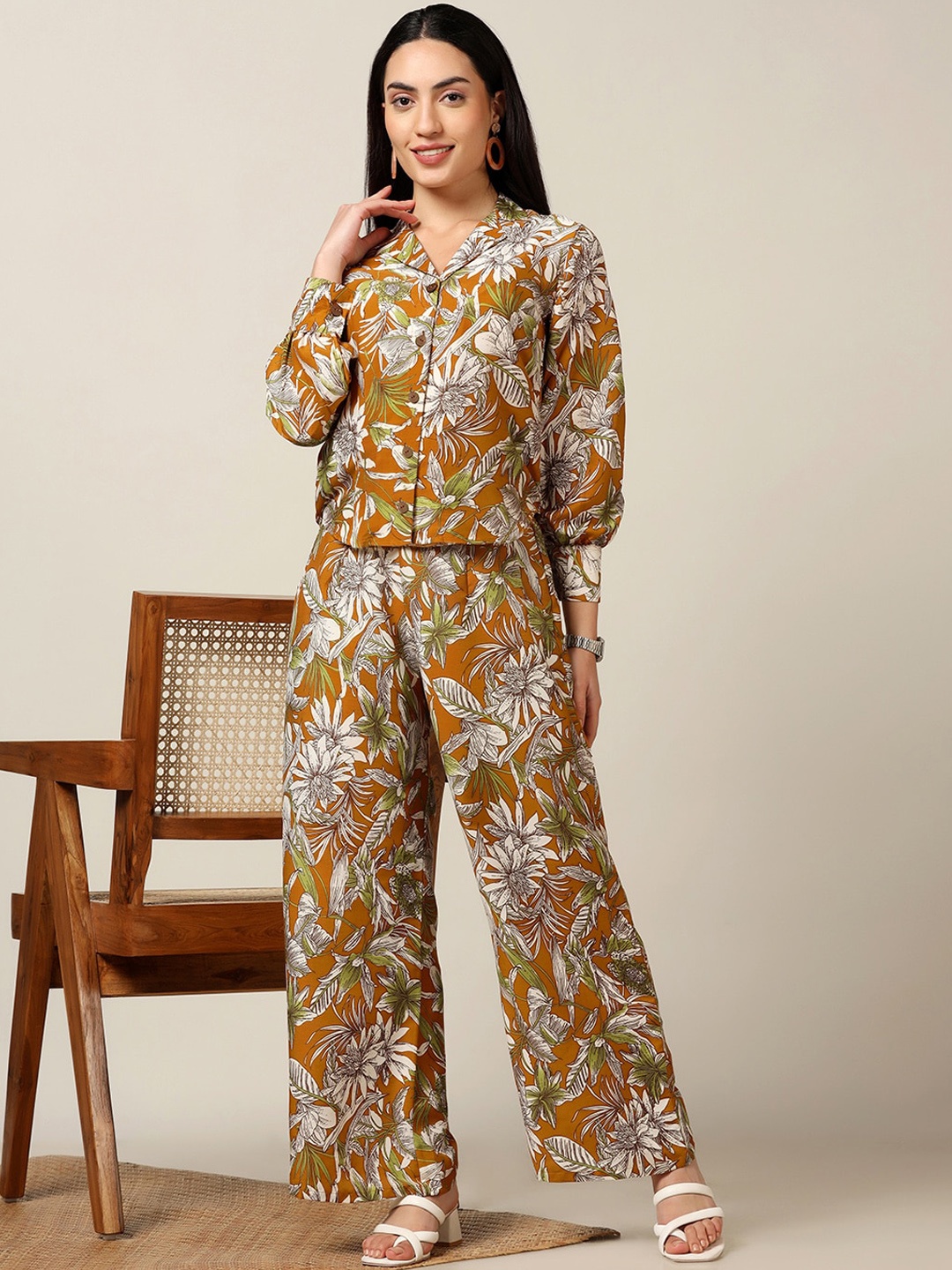 

FASHION DREAM Floral Print Muslin Top & Trousers, Mustard