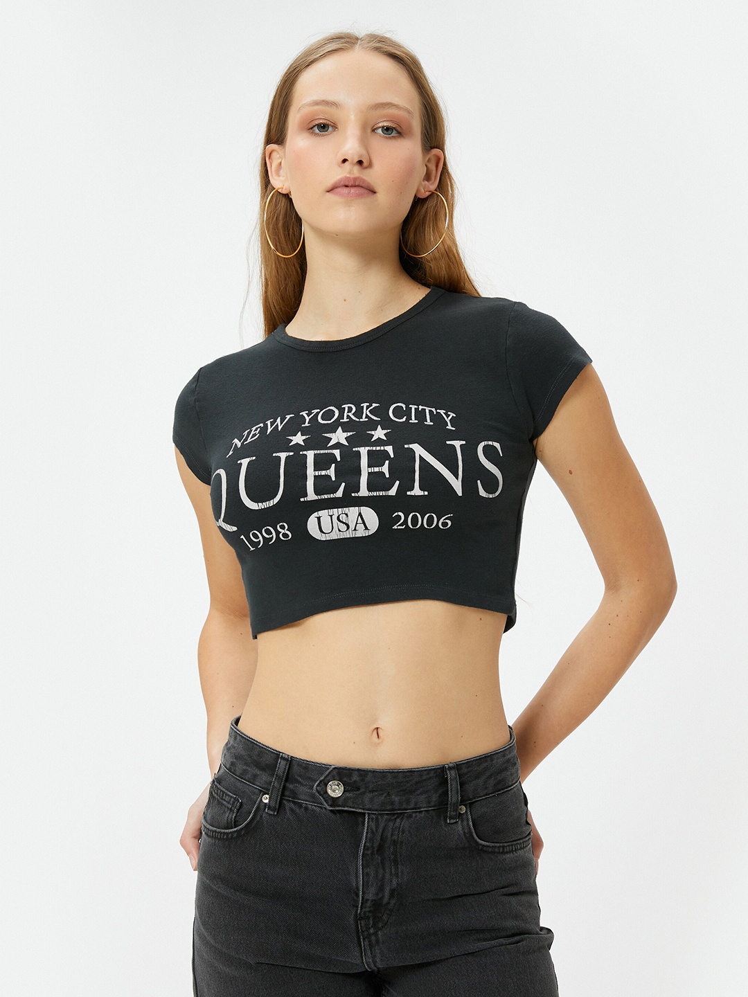 

Koton Typography Printed Slim Fit Crop T-shirt, Black