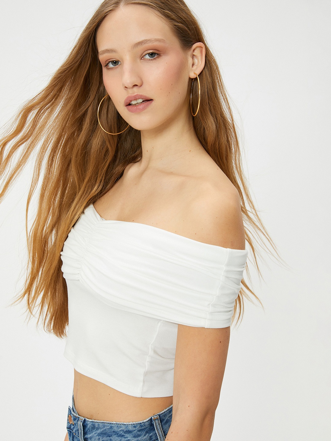 

Koton Off-Shoulder Gathered Detail Bardot Crop Top, Beige