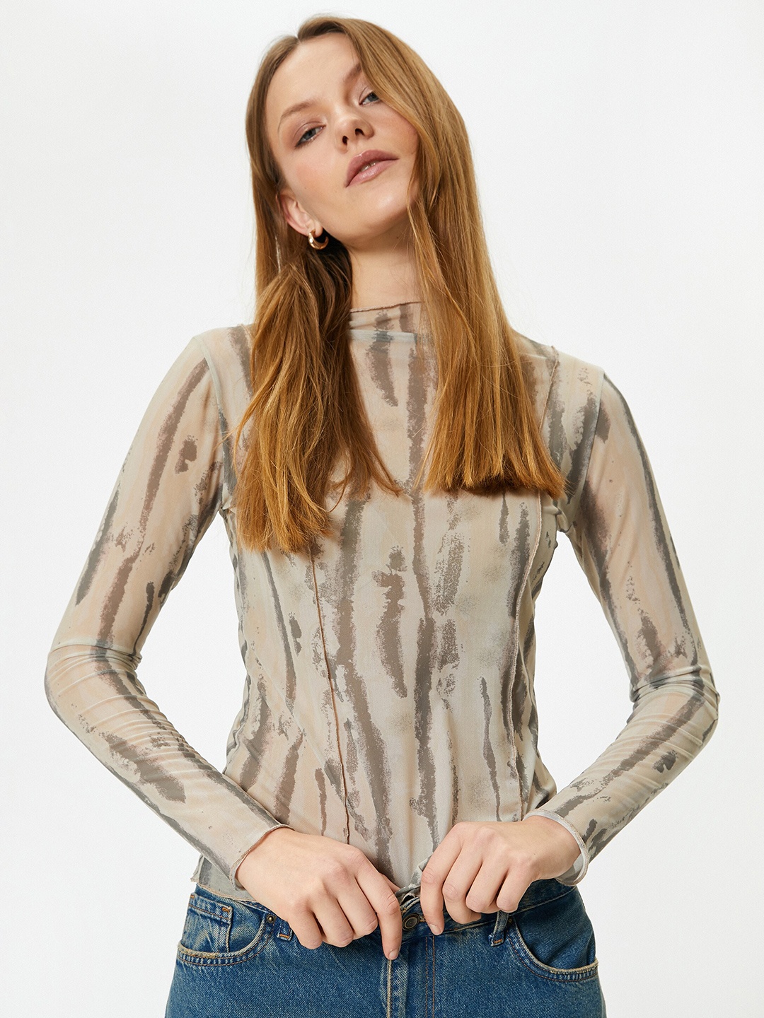 

Koton Tie And Dye Dyed Round Neck Long Sleeves Casual Top, Khaki
