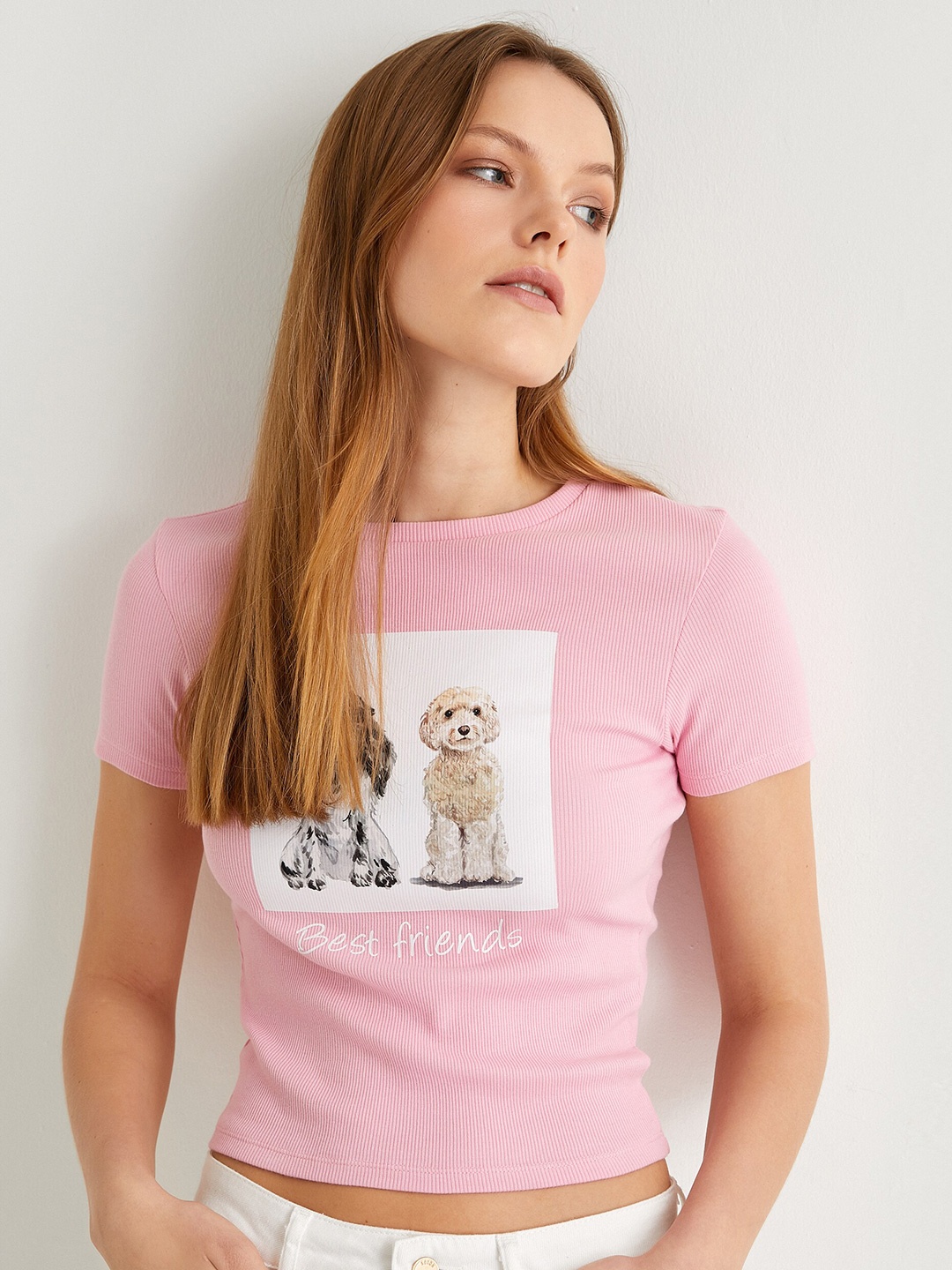 Koton Graphic Printed Crop T-shirt, Pink