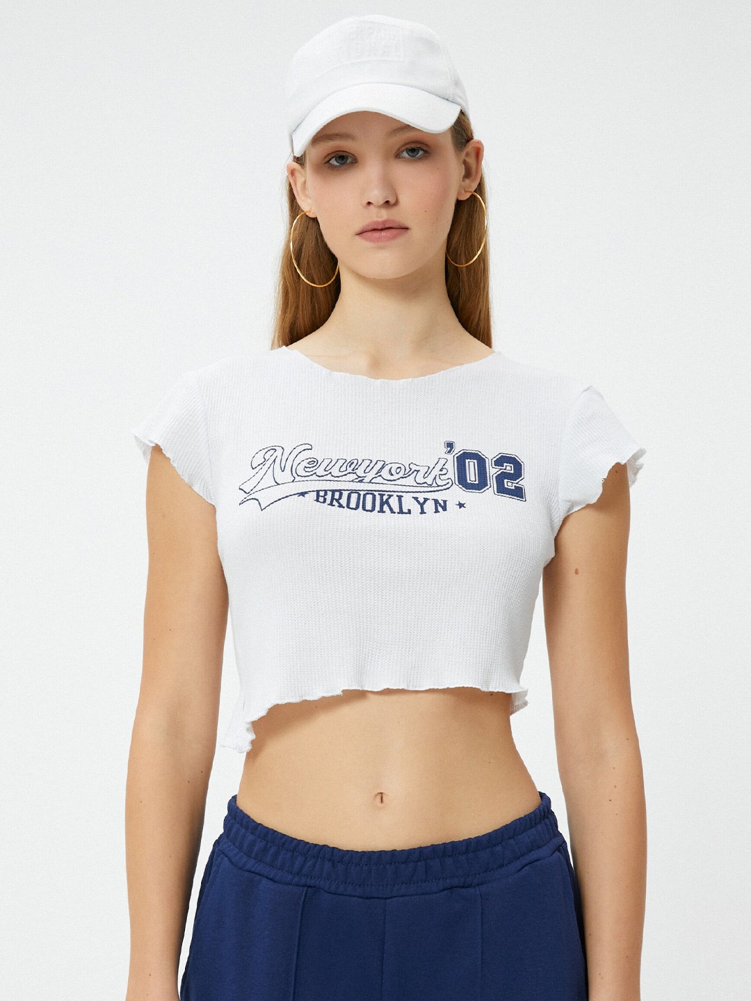 

Koton Typography Printed Round Neck Short Cap Sleeves Crop Slim Fit T-shirt, White