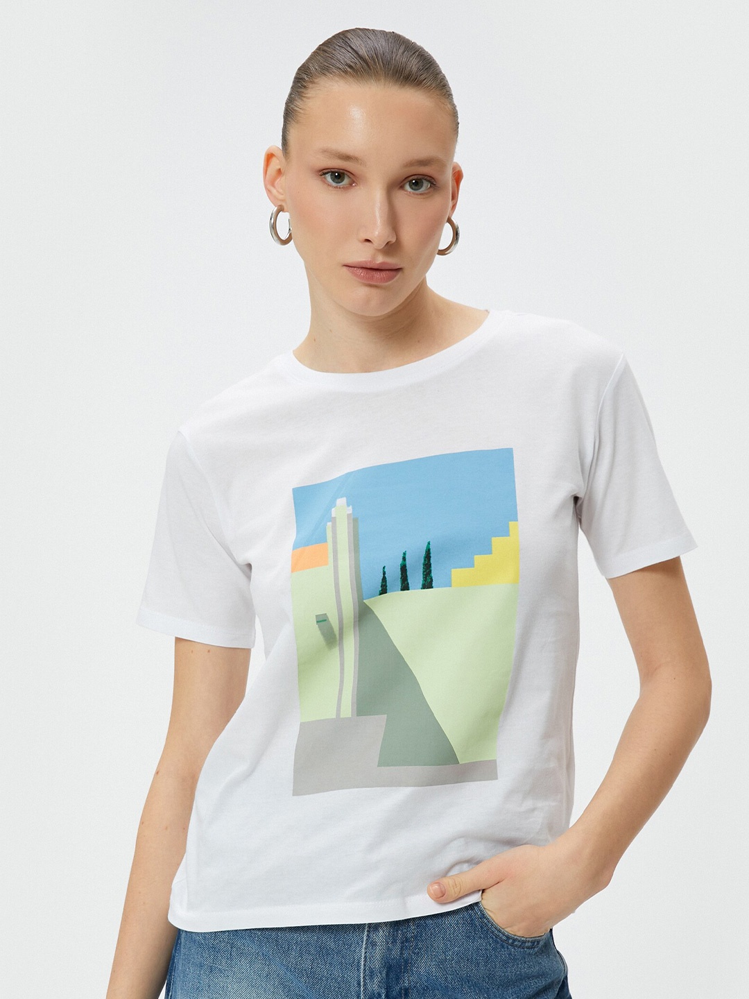 Koton Graphic Printed Short Sleeves Cotton T-shirt, White