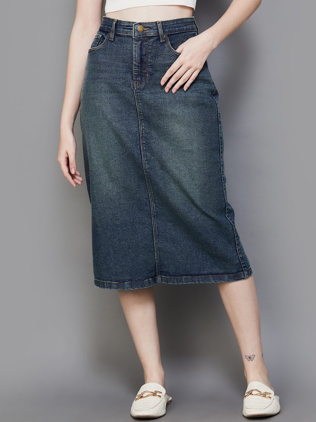 Xpose Straight Button Pencil Midi Skirt, Blue