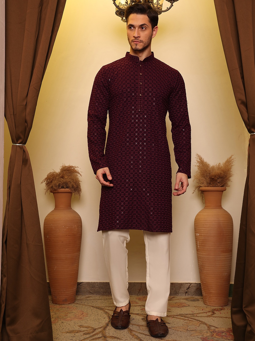 

House of Pataudi Embroidered Straight Kurta, Purple