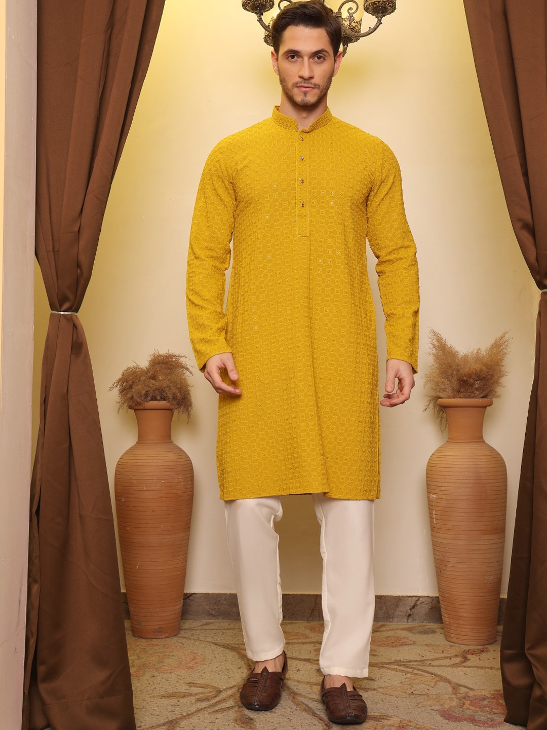 

House of Pataudi Embroidered Straight Kurta, Mustard