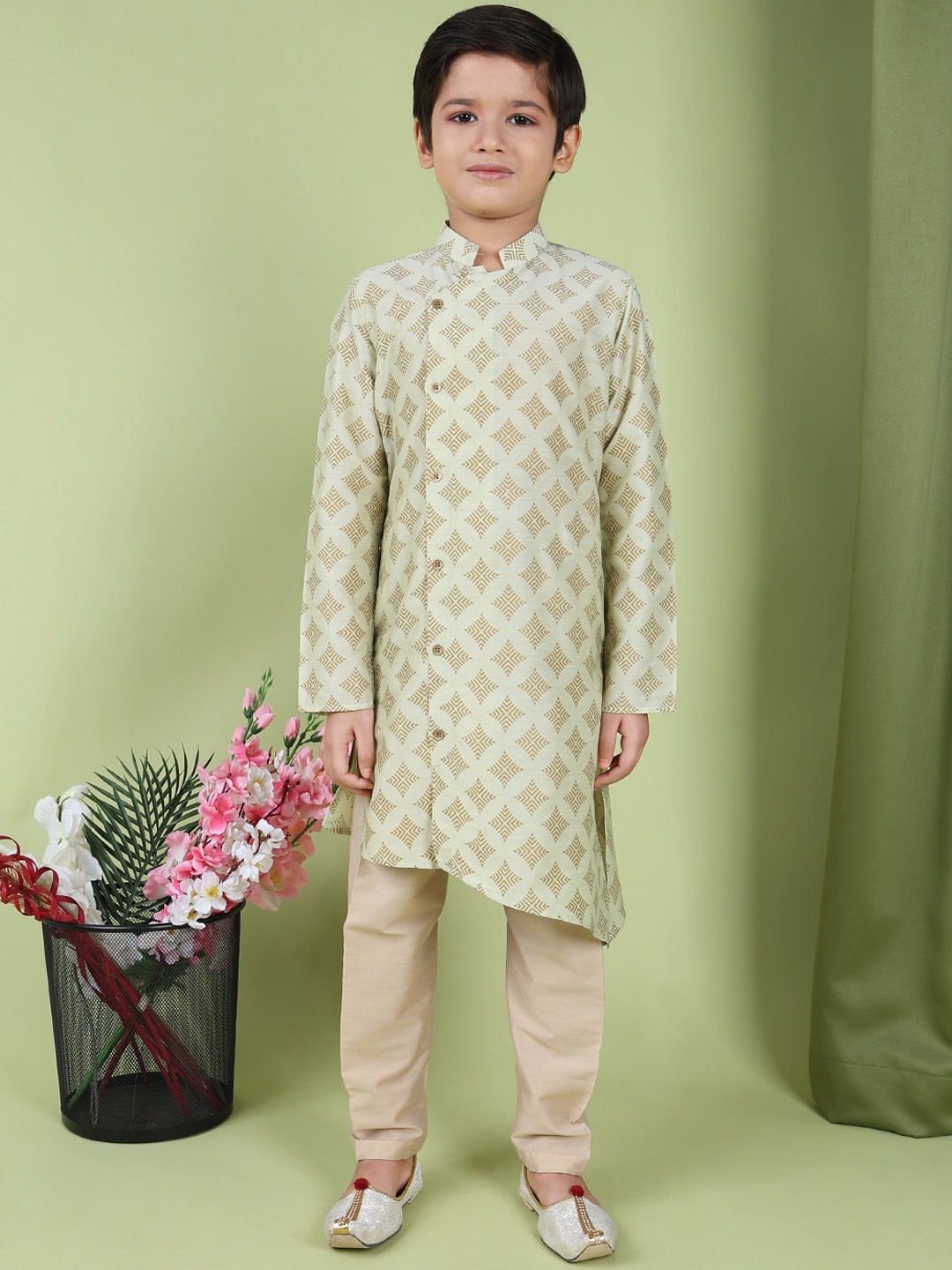 TABARD Boys Printed Regular Pure Cotton Kurta with Churidar, Green