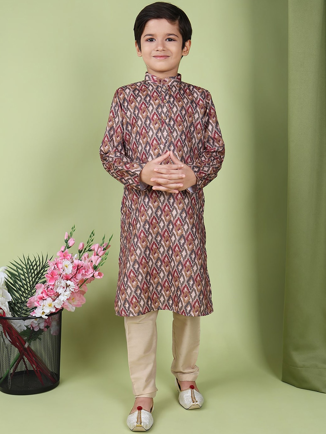TABARD Boys Printed Regular Pure Cotton Kurta with Churidar, Beige