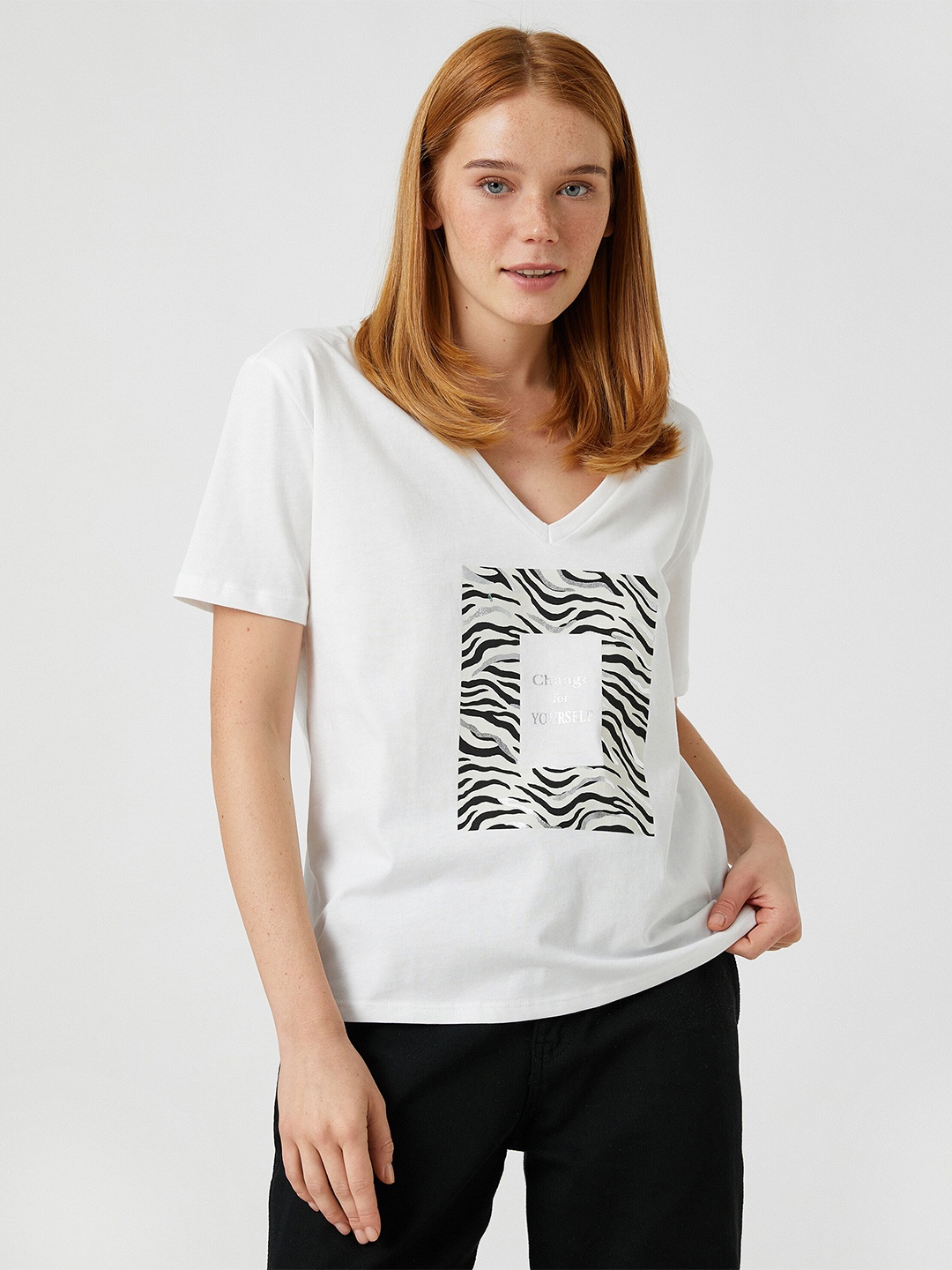 

Koton Graphic Typography Printed V-Neck Pure Cotton T-shirt, White