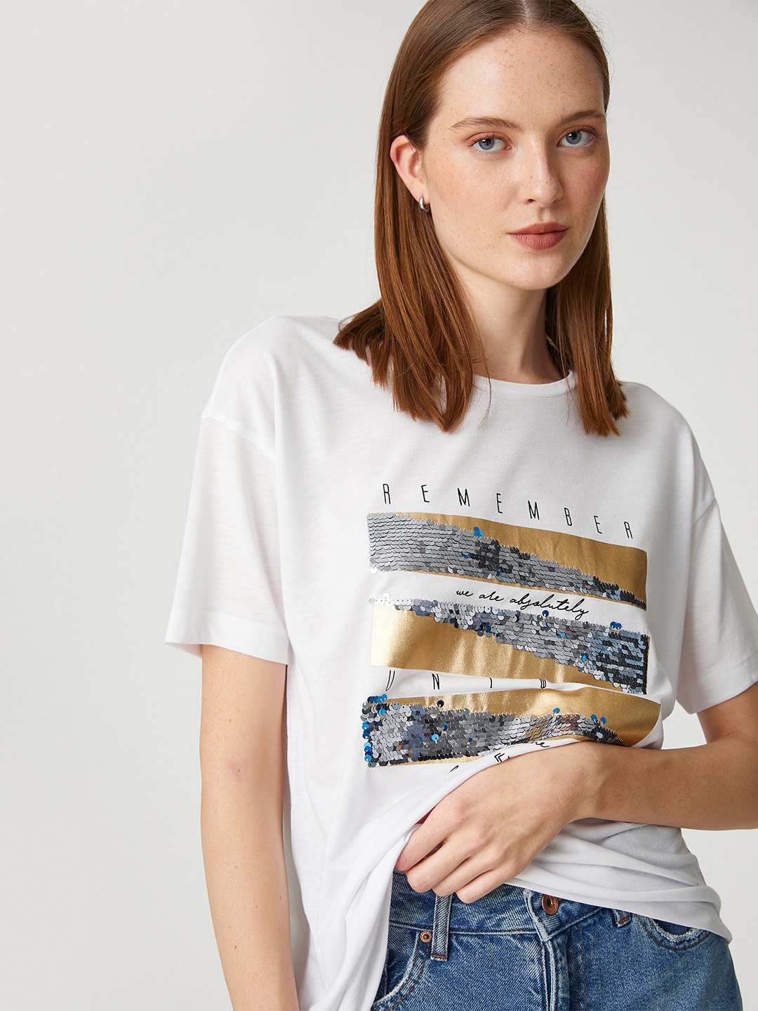

Koton Graphic Printed Drop-Shoulder Sleeves T-shirt, White