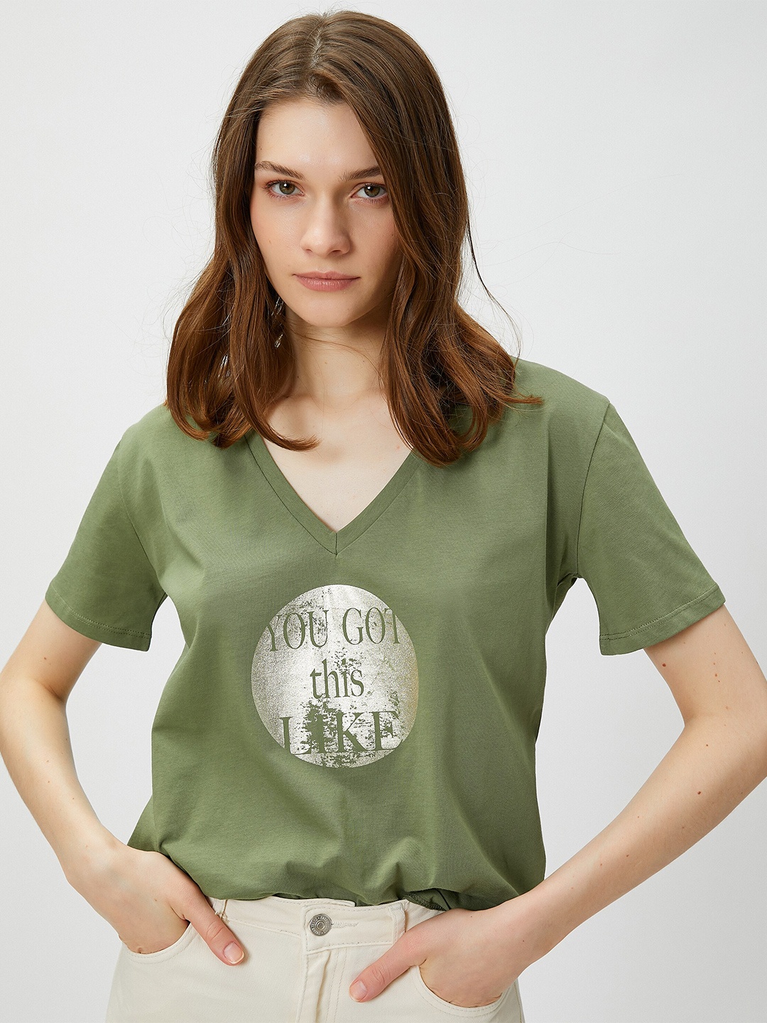 

Koton Typography Printed V-Neck Drop-Shoulder Sleeves Pure Cotton T-shirt, Khaki