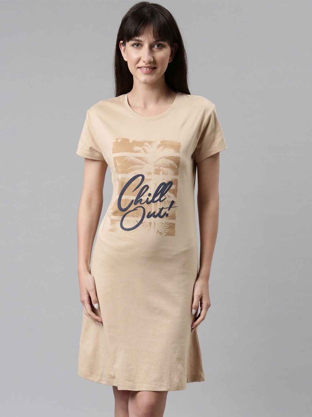 

TWIN BIRDS Typography Printed Pure Cotton Everyday T-Shirt Nightdress, Beige