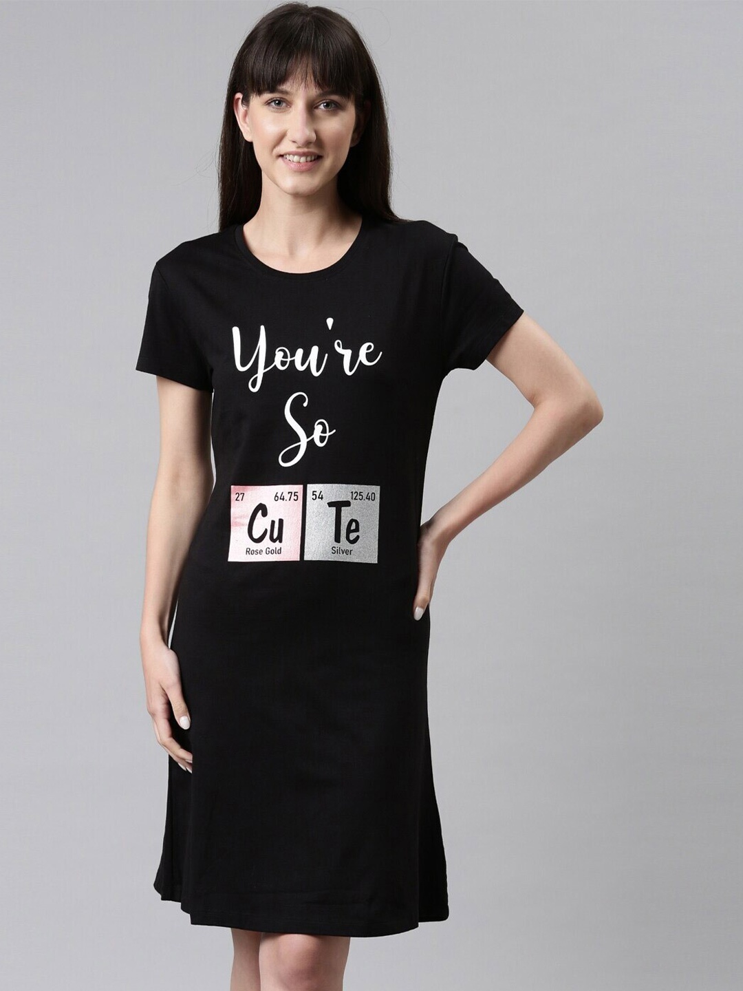 

TWIN BIRDS Typography Printed Pure Cotton Everyday T-Shirt Nightdress, Black