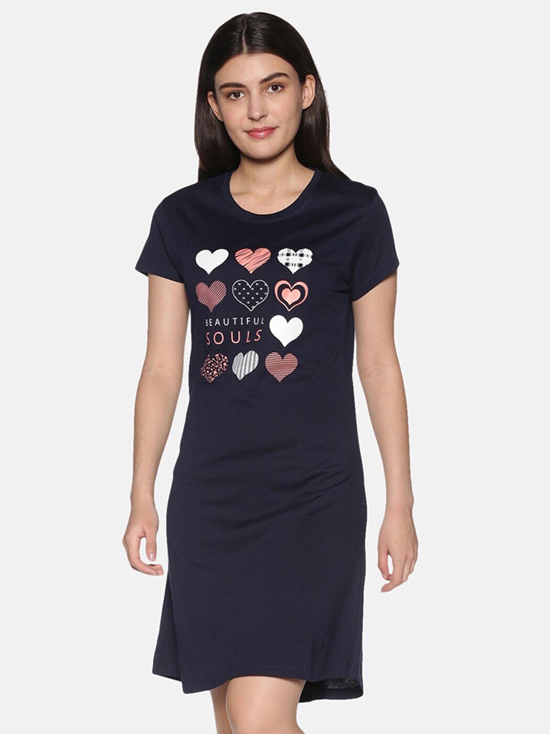 TWIN BIRDS Typography Printed Pure Cotton Everyday T-Shirt Nightdress, Navy blue