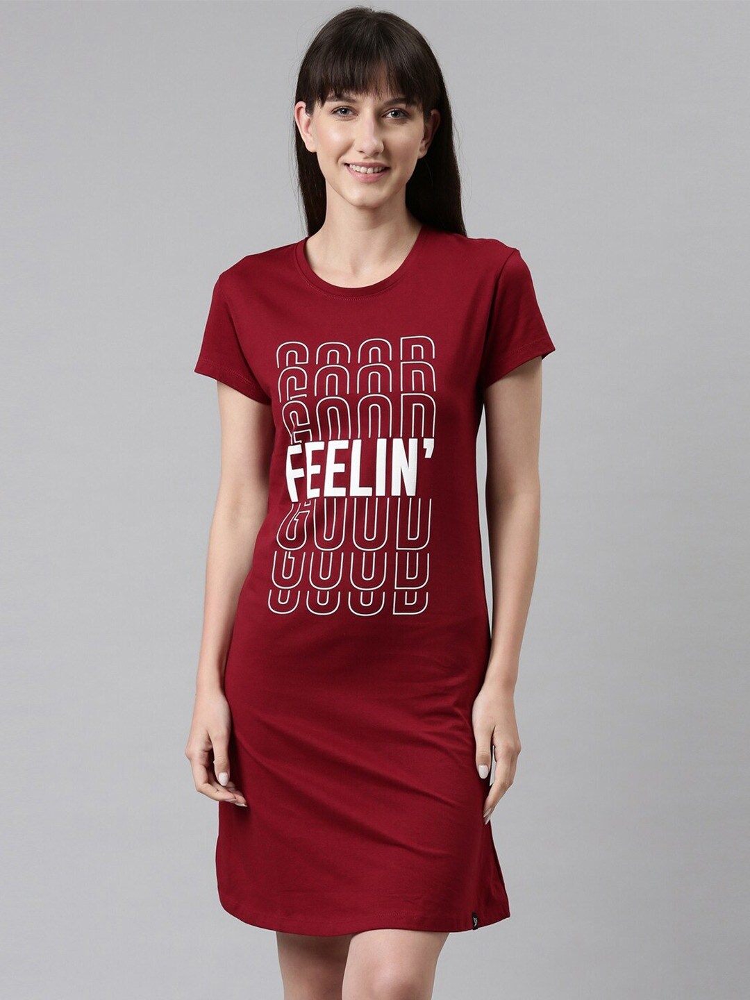 TWIN BIRDS Typography Printed Pure Cotton Everyday T-Shirt Nightdress, Red