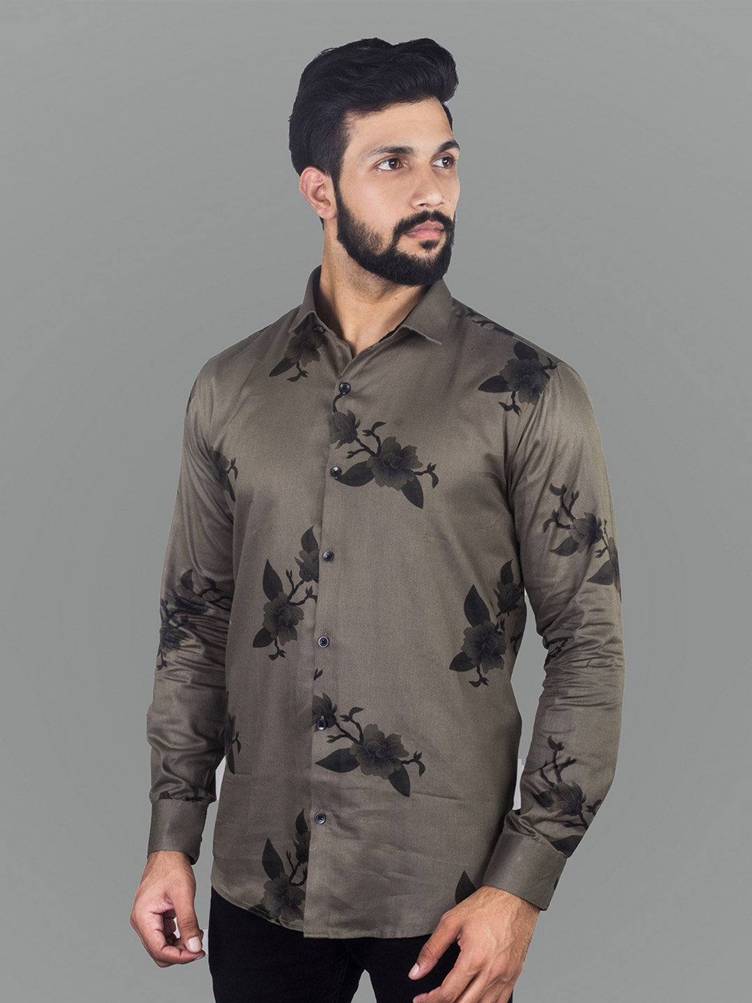 

INDIAN THREADS Comfort Floral Printed Spread Collar Cotton Casual Shirt, Coffee brown