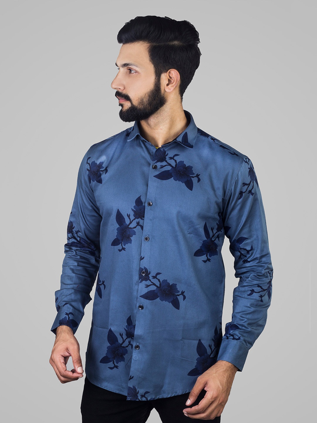 

INDIAN THREADS Comfort Floral Printed Spread Collar Cotton Casual Shirt, Blue