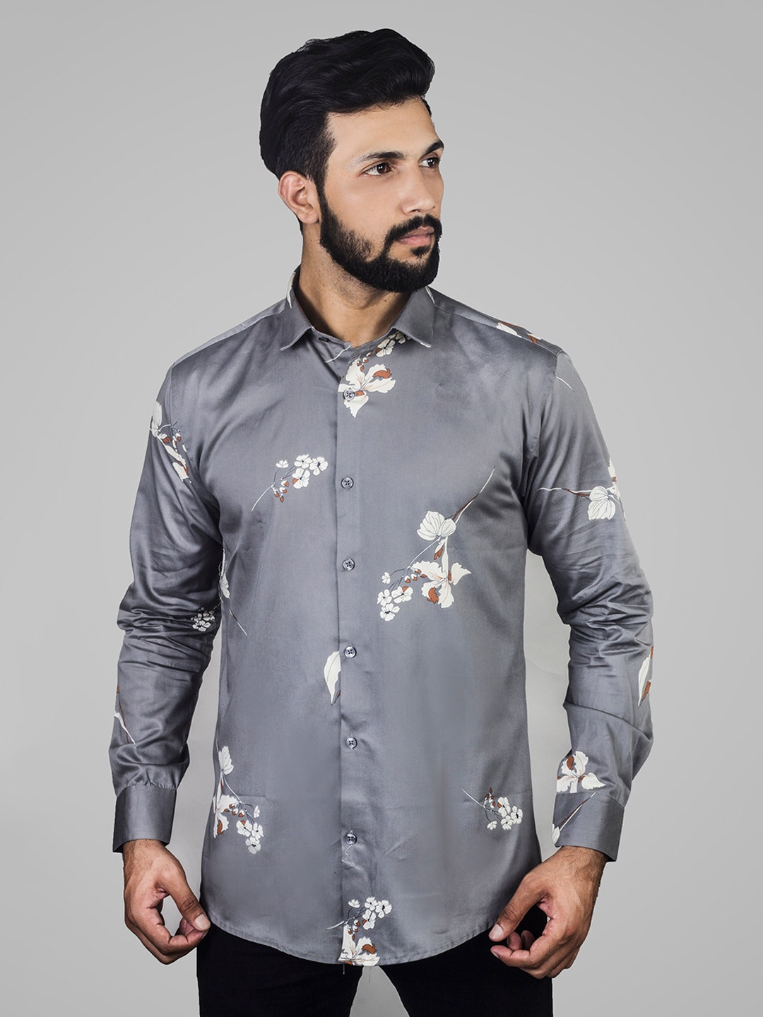 INDIAN THREADS Comfort Floral Printed Spread Collar Cotton Casual Shirt, Grey