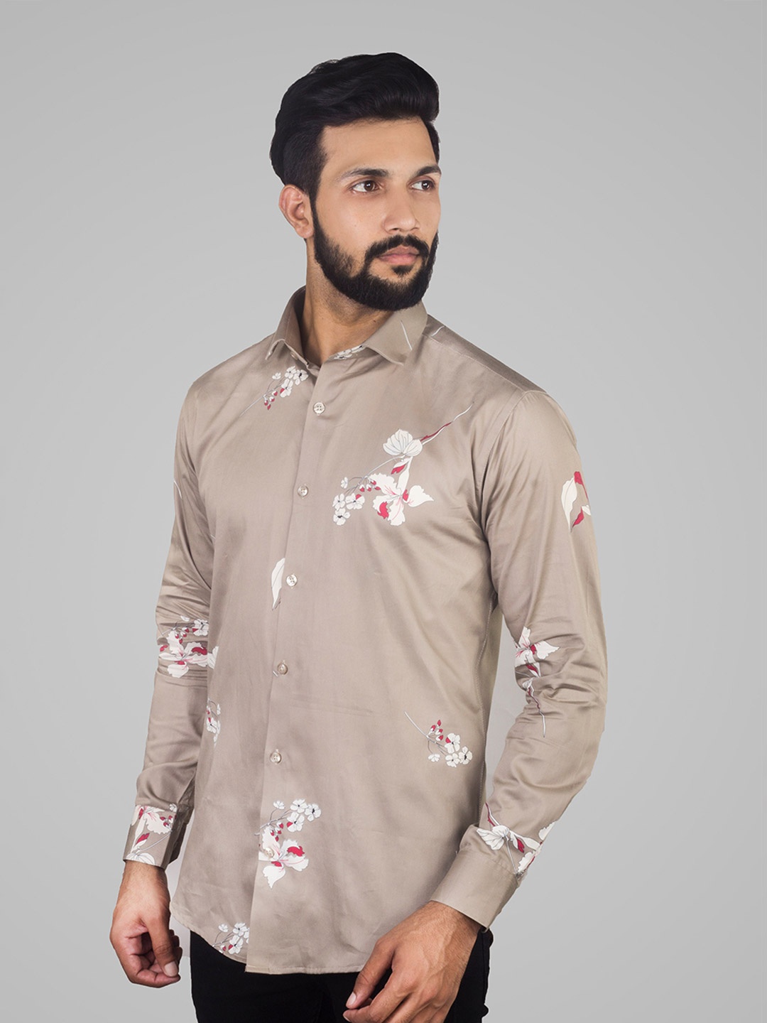 

INDIAN THREADS Comfort Floral Printed Spread Collar Cotton Casual Shirt, Brown