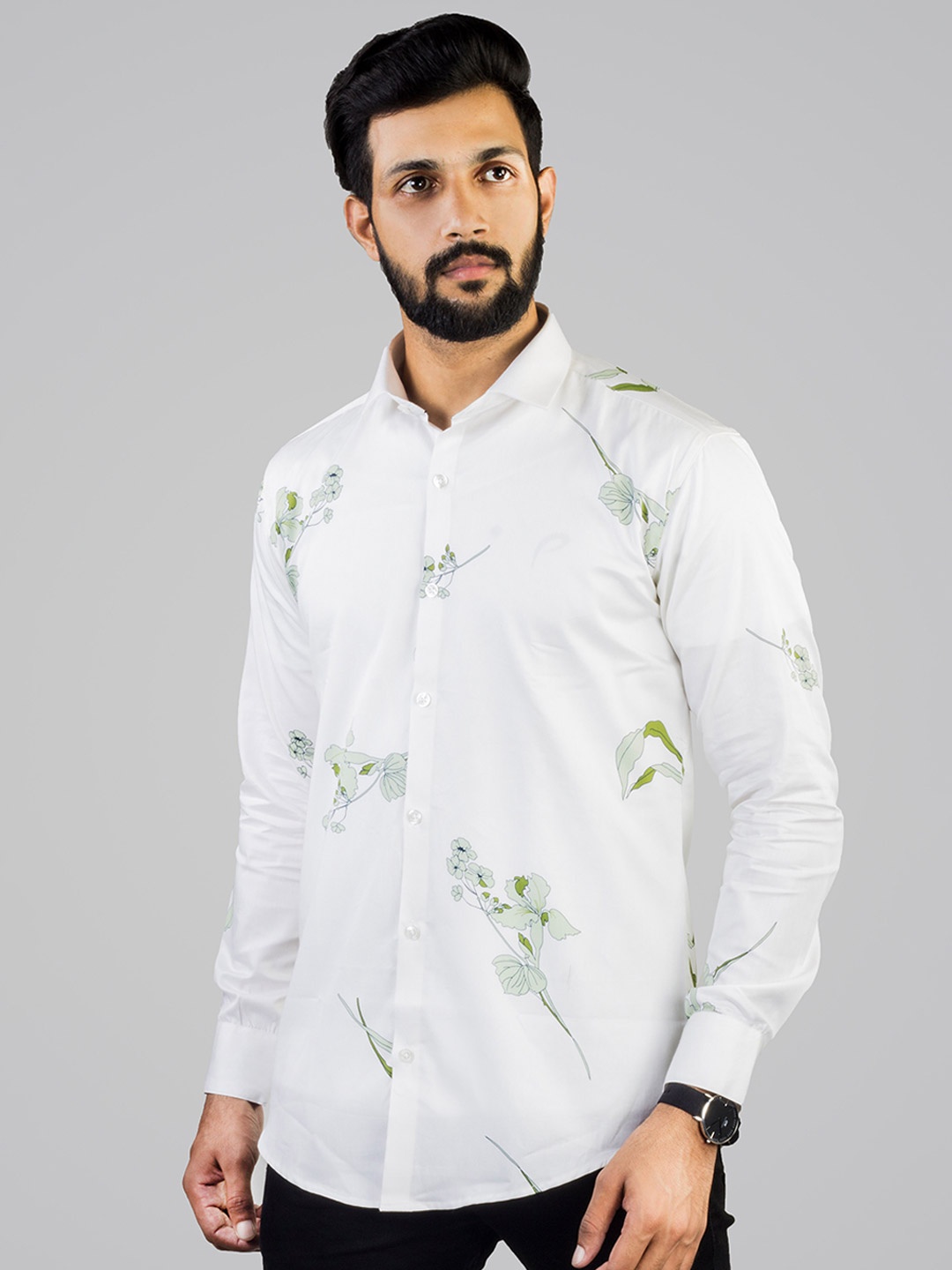 

INDIAN THREADS Comfort Floral Printed Spread Collar Cotton Casual Shirt, White