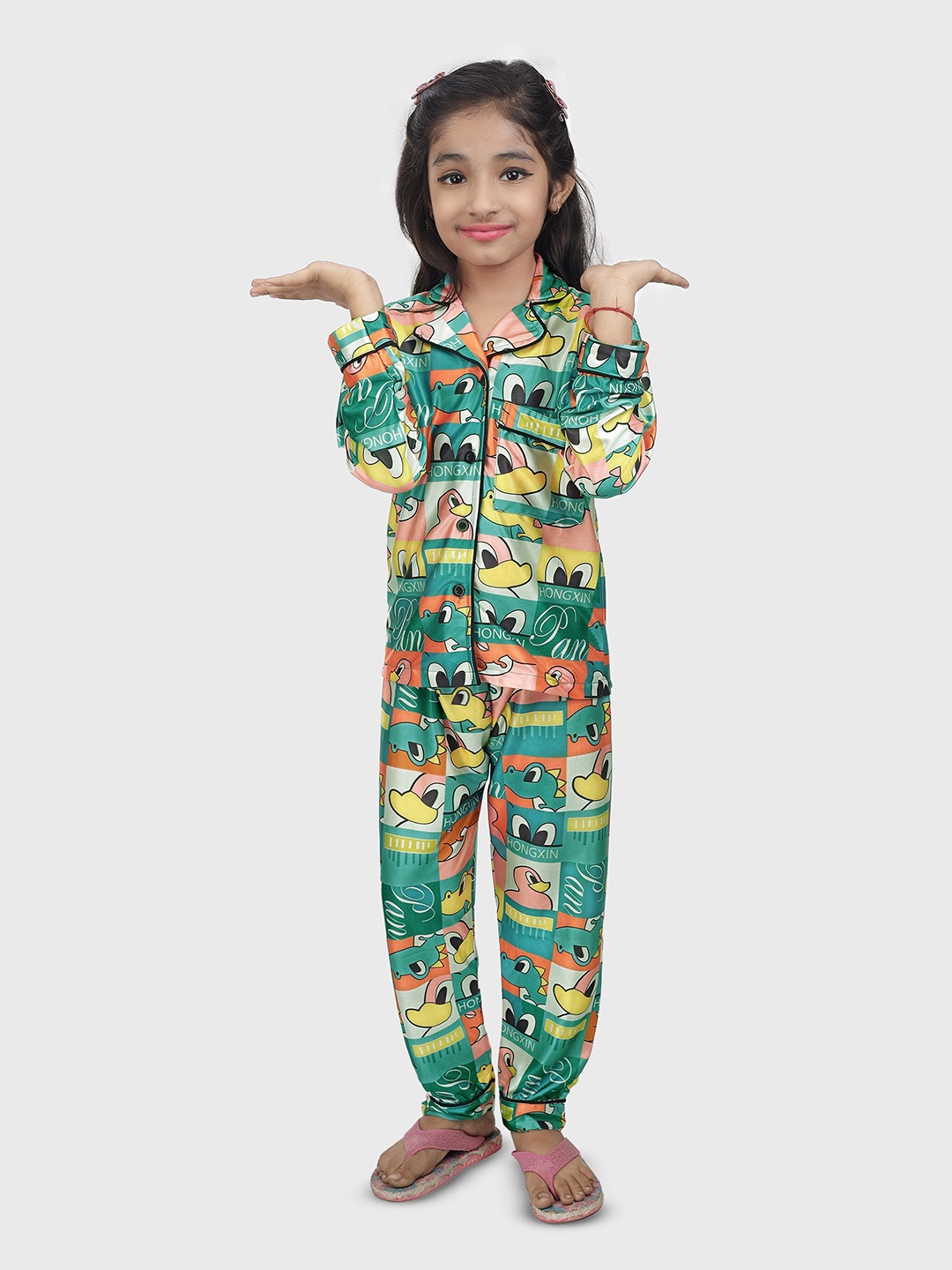 

BAESD Kids Conversational Printed Satin Night Suit, Green