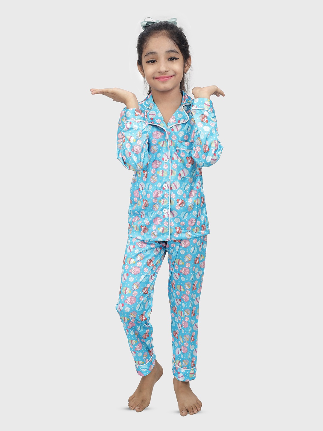 

BAESD Kids Printed Satin Night Suits, Blue