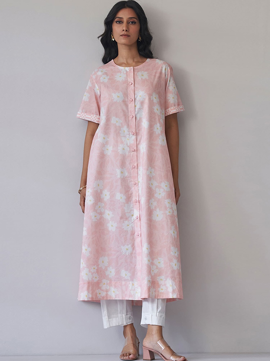 Ganga Floral Printed Round Neck Pure Cotton Curved Straight Kurta With Trouser, Pink