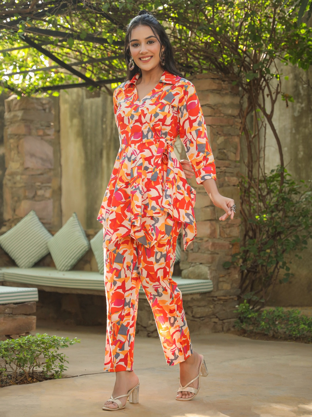 

Rain & Rainbow Printed Pure Cotton Top With Palazzos, Orange