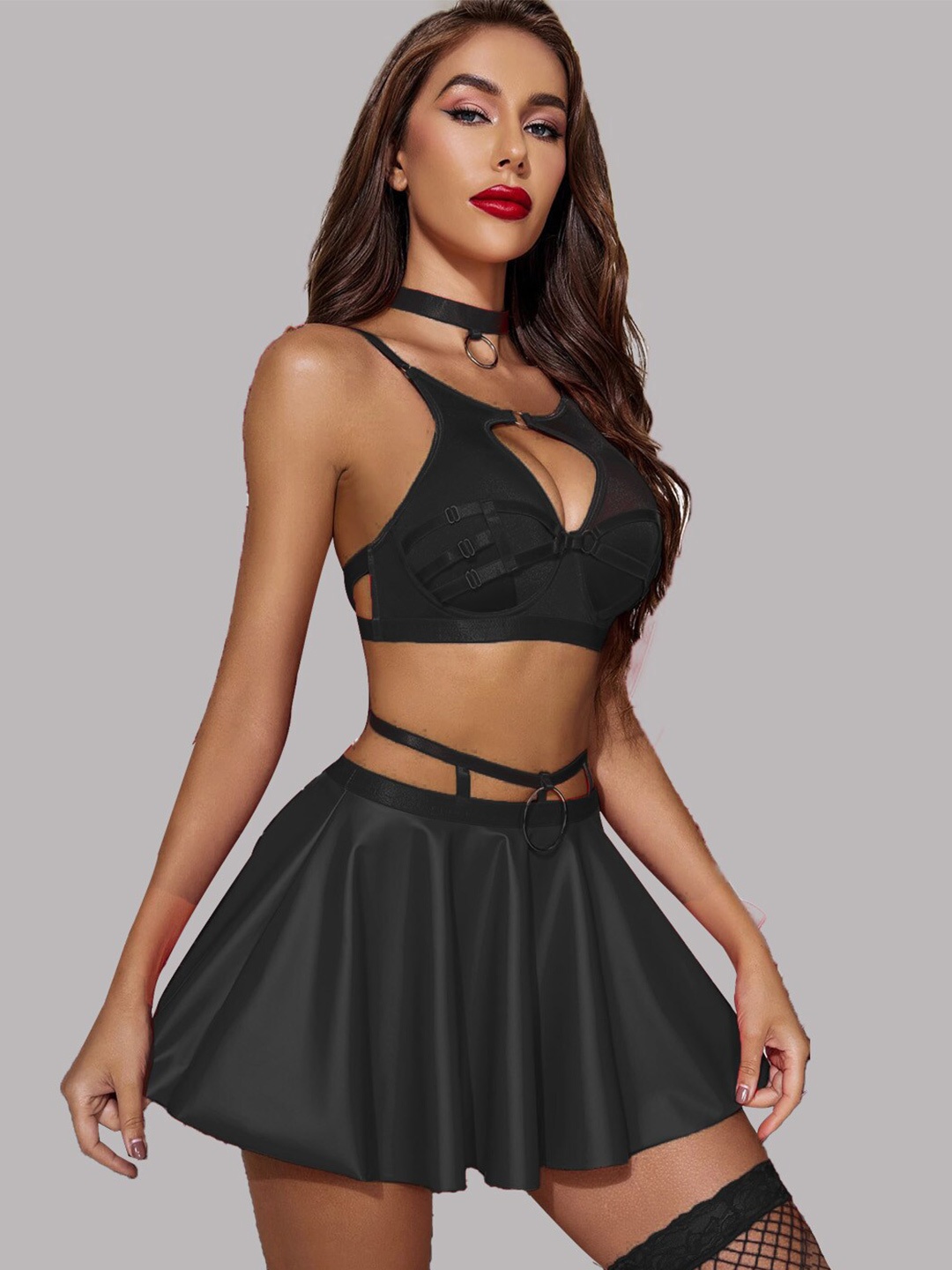 

FIMBUL Self Design Halter Neck Baby Doll, Black