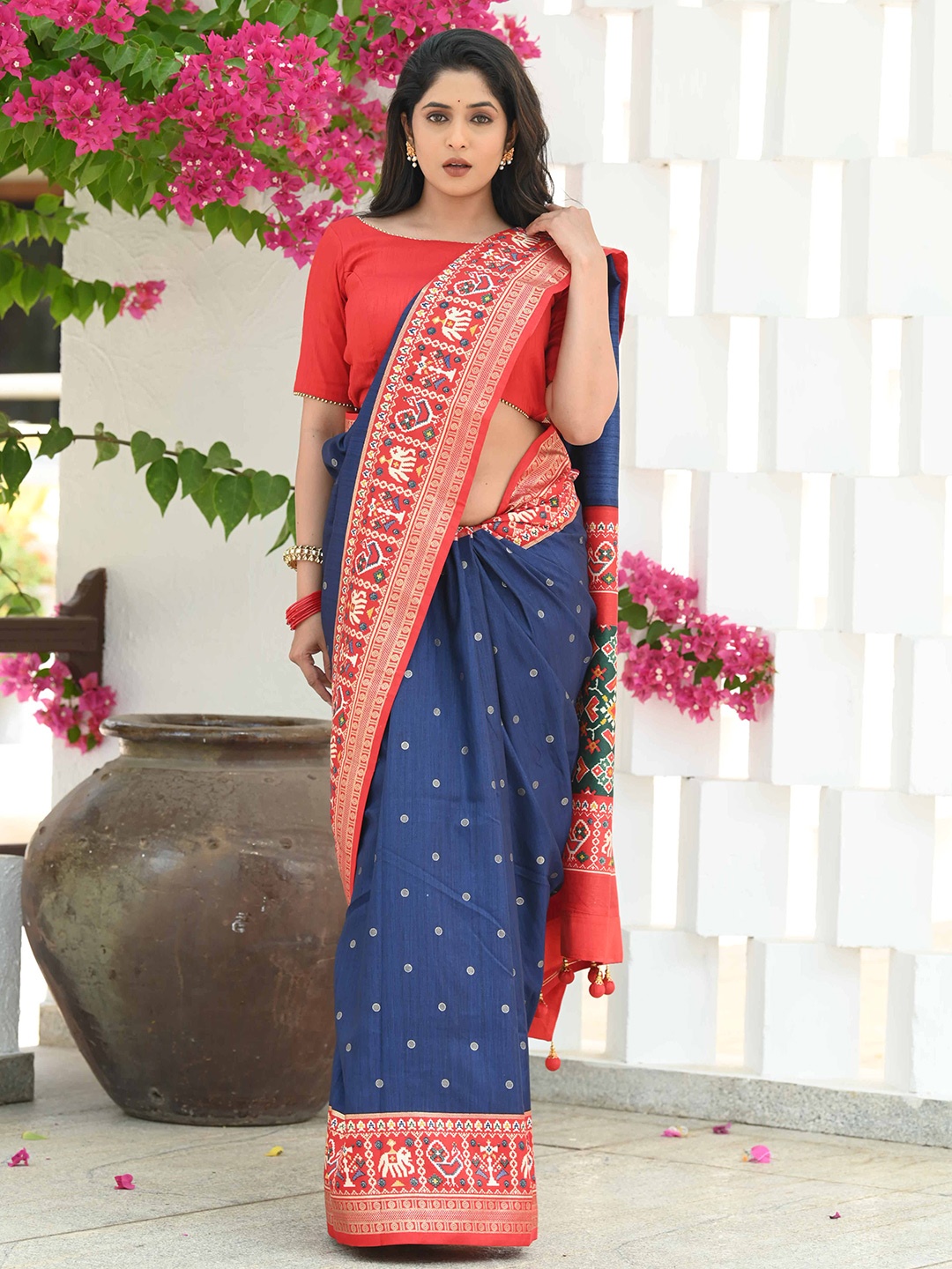 

BEATITUDE Polka Dots Woven Design Zari Patola Saree, Blue