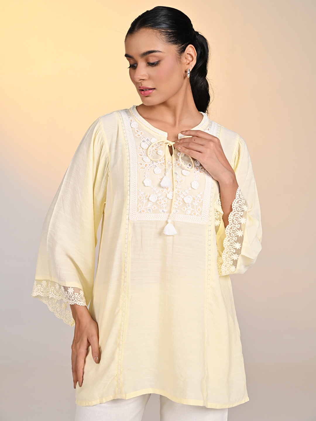 

Lakshita Floral Embroidered Tie-Up Neck Bell Sleeve Satin Top, Yellow