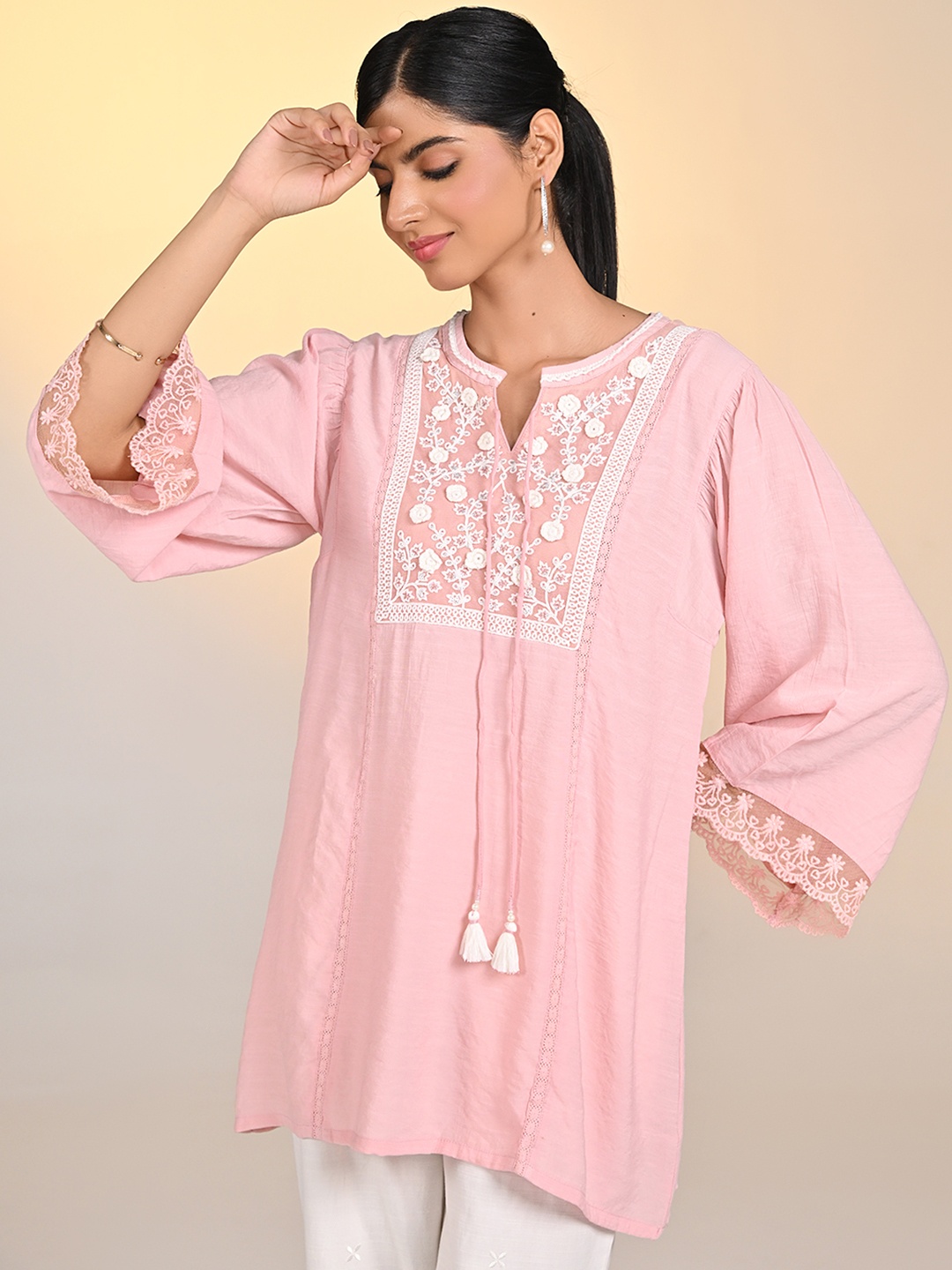 

Lakshita Ethnic Motifs Embellished Satin Top, Pink
