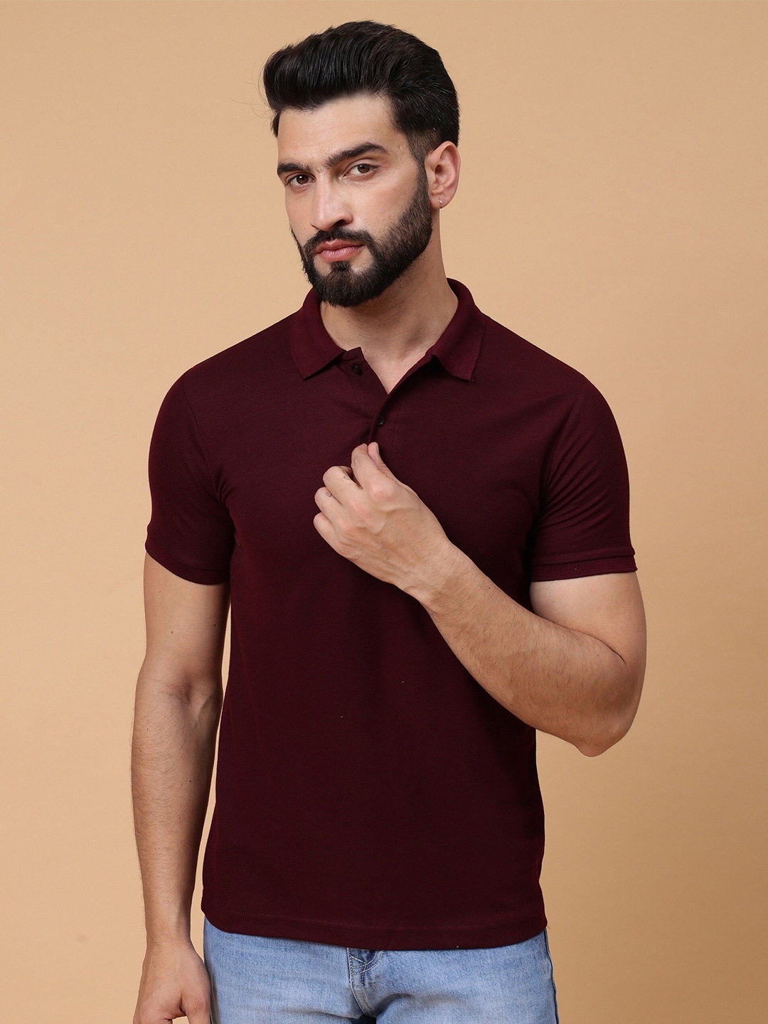 

WE PERFECT Polo Collar Cotton Regular T-shirt, Maroon