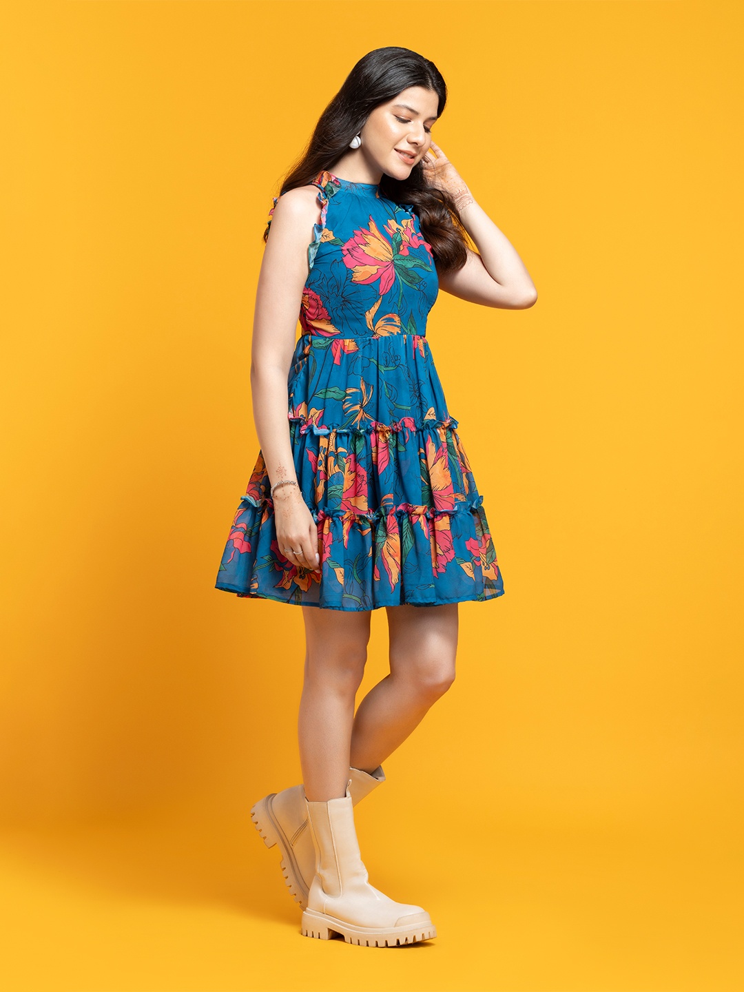 

OCTICS Floral Printed Fit & Flare Dress, Blue